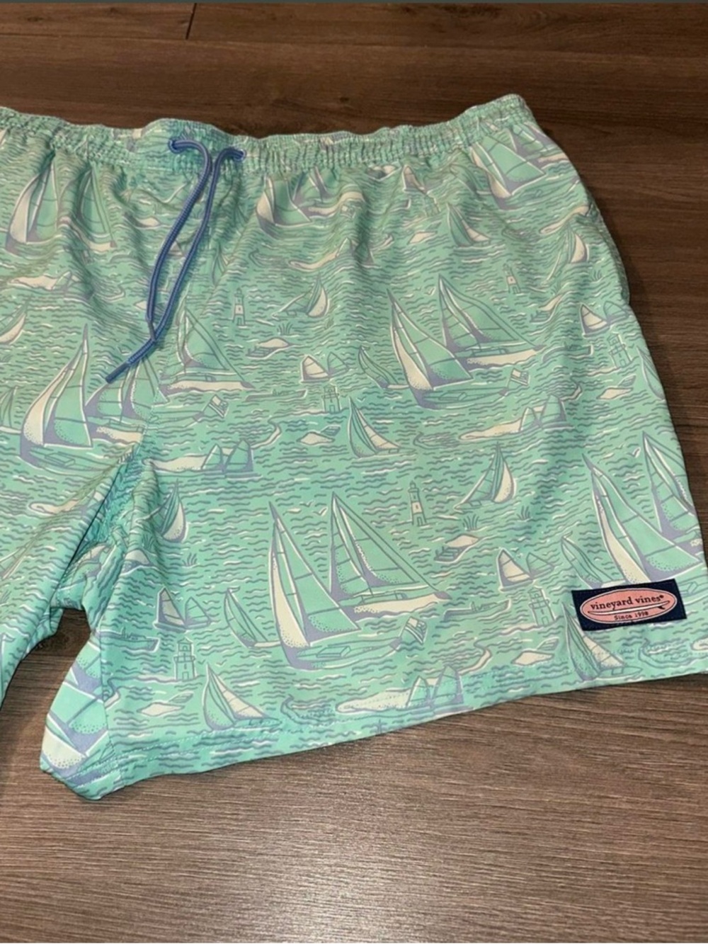 Vineyard Vines Mint and White Sailboat Swim Shorts